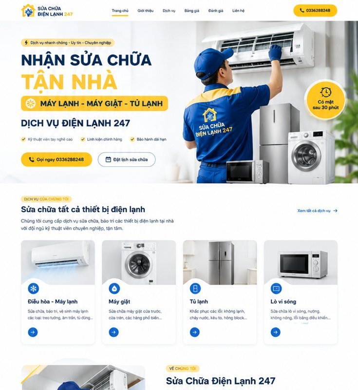Phần đầu trang Điện Lạnh 247 với hotline và nút đặt lịch