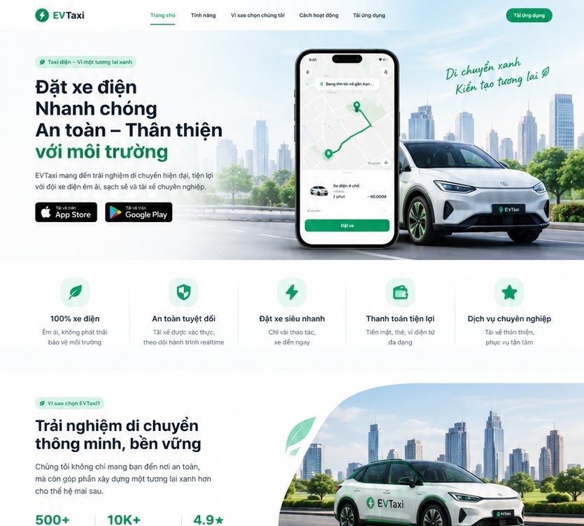 Phần đầu trang website EVTaxi với lời kêu gọi đặt xe