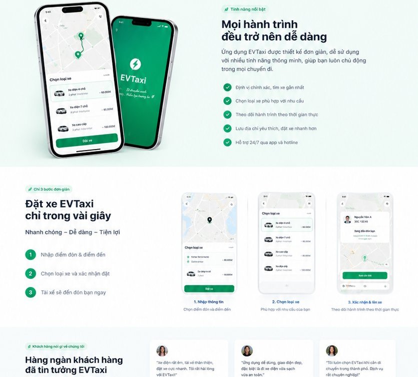 Khu vực tính năng ứng dụng và các bước đặt xe trên website EVTaxi