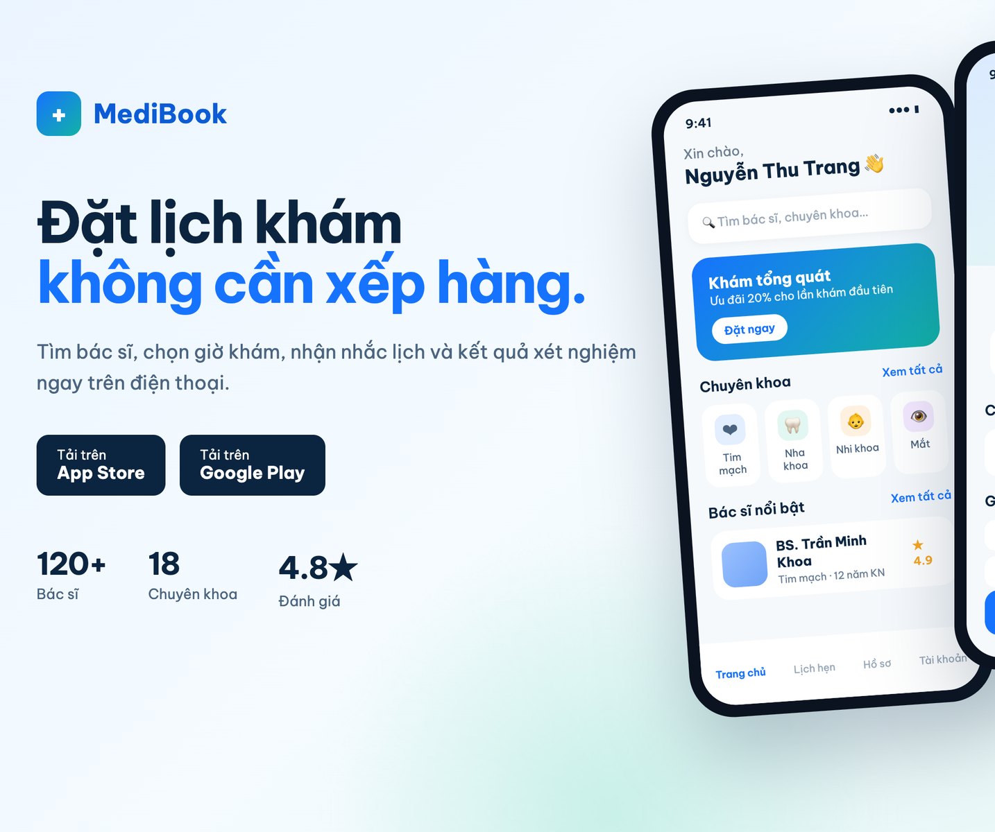 Giới thiệu ứng dụng MediBook và màn hình trang chủ